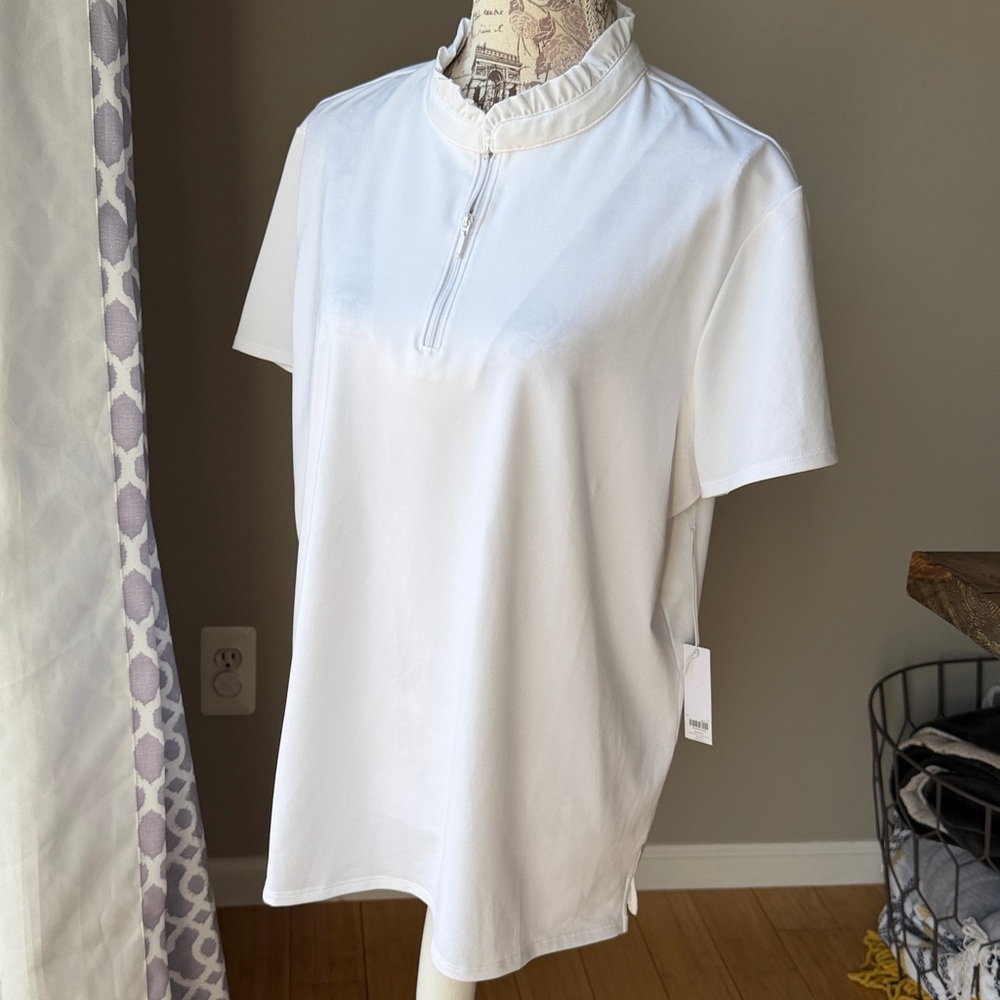 Chico’s UPF Ruffle Collar Polo Zip Short Sleeve SS Top Alabaster Golf Casual - Picture 3 of 6